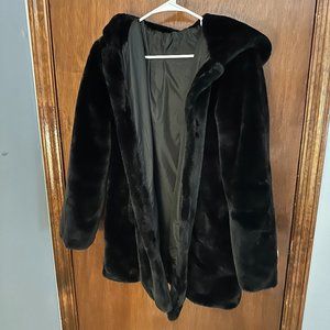 Sebby Collection Faux Fur Hooded Coat in Black Size M